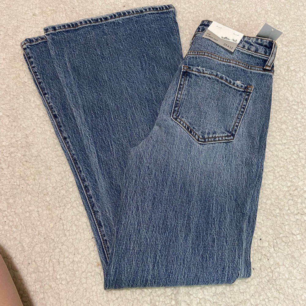Willow & root high waisted super wide flare leg buckle sz 25/32 denim jeans nwt